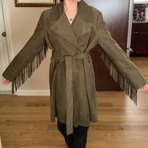 New Faux Suede Knee Length Coat/w Fringe/belt